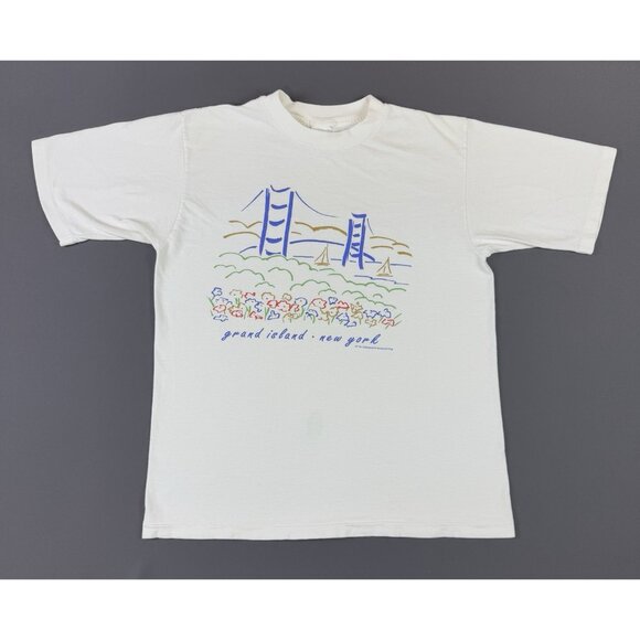 Vintage 90s Grand Island New York Bridge Art Painting Large White Shirt Promo - Picture 1 of 11